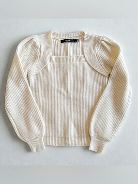Vero Moda Cream Knit Sweater Square Neck Puff Sleeve Cozy Chic Top